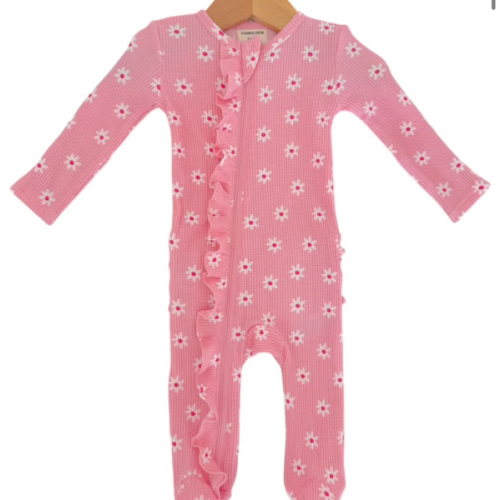 Organic Waffle 2-Way Zip Ruffle Footie, Pink Flower, 0-3M
