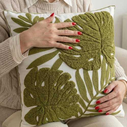 Tufted Tropical Leaf Pillow Cover, Green Monstera Cushion Cover, Botanical Throw Pillow Covers, Home Decor, First Home, Housewarming Gift