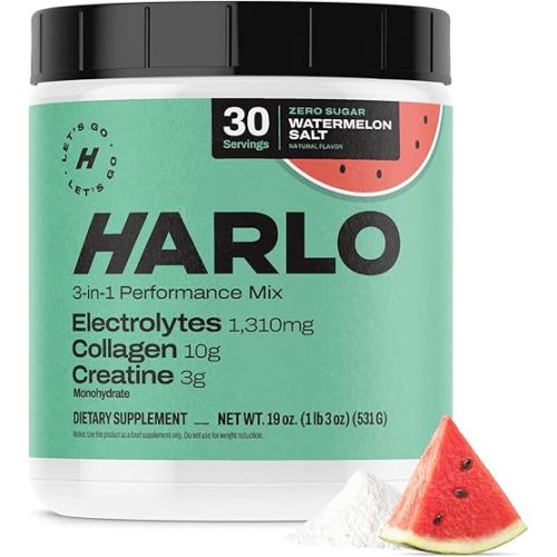 Harlo Electrolytes Powder with Creatine | High Sodium Hydration for Intense Training | Zero Sugar | Includes Collagen | Salty by Design | NSF Certified | Watermelon Salt (30 Servings)