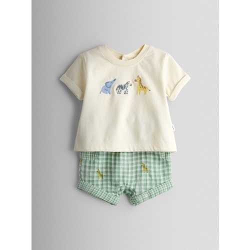 JoJo Maman Bébé Cream Safari Gingham Applique Top and Short Set