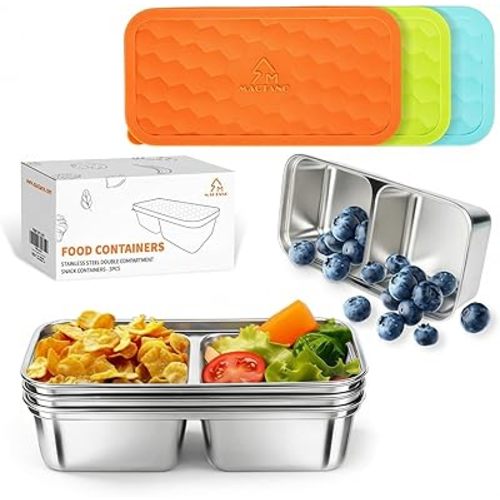 MACTANO 3 Pack Stainless Steel Snack Containers with Leak-Proof Lids, 15 OZ Double Compartment Dishwasher Safe Food Storage for School Office Travel