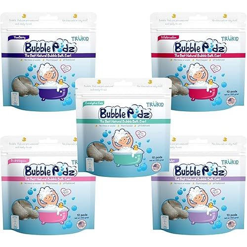 TruKid Bubble Podz Bubble Bath Bundle for Baby & Kids, Gentle Refreshing Bath Bomb for Sensitive Skin, pH Balance 7 for Eye Sensitivity, Natural Moisturizers and Ingredients, Five SCENTS