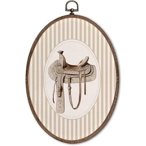 FLAWAFLOMA Vintage Western Nursery Oval Wall Art Decor, Kids Room Canvas Wall Art Framed, Retro Saddle Hanging Decorations for Kids Toddler Boy Girl Nursery Room Bedroom Decor, 8.6x11.4 Inch