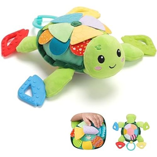 Turtle Baby Sensory Toy, Flip Scales & Multi-Textured Belly Montessori Activity Toy with Rattle Squeaker Teethers, Tummy Time/Crib/Stroller Toy,Educational Toy for 0-3 Years Newborn to Toddler