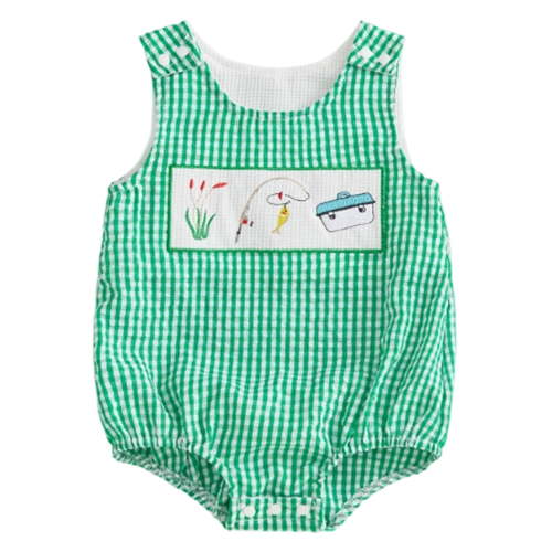 Nwiuh Baby Boy Summer Clothes Sleeveless Embroidery Fishing Gingham Romper Jumpsuit Retro Smocked Shortall (Green, 12-18 Months)