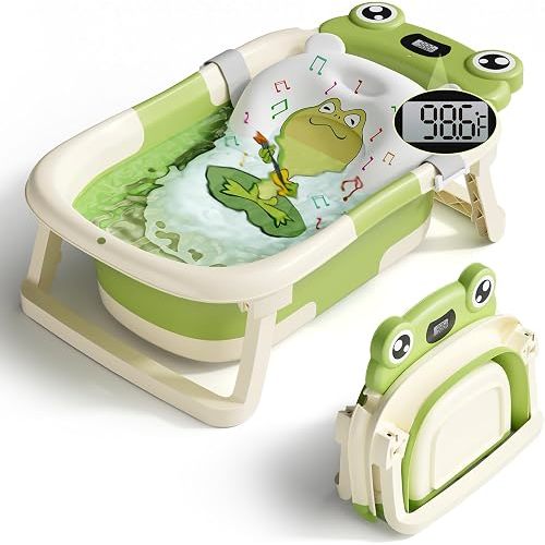 Baby Bathtub, Collapsible Newborn Bathtub for Infant to Toddler with Soft Cushion and Thermometer,Portable Travel Newborn Tub with No-Slip Feet, Baby Shower Gifts, 0-12 Months Baby Bath, Green
