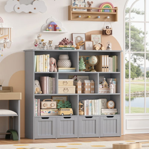 Harriet Bee Kirklyn 49.4"W 7 Cube Bookcase, Standard Bookcase With 4 Removable Drawers, Wood Storage Standard Bookshelves & Reviews | Wayfair