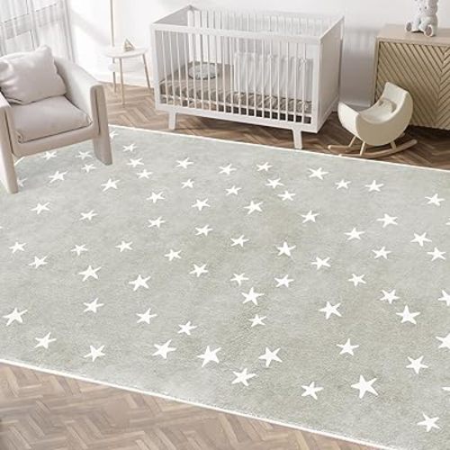 Poowe Soft Kids Area Rug,Large Washable Non-Slip Cute Stars Floor Mat for Classroom Bathroom(5x7ft,Beige)