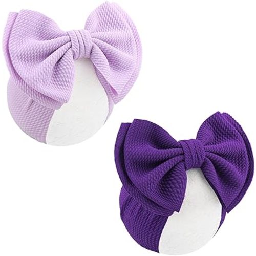 YanJie 2PCS 7'' Super Durable Soft Knot Headbands with Hair Bows Infant Toddlers Kids Hair Accessories Violet Purple Headband for Newborn Baby Girls