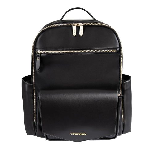 TWELVElittle Peek A Boo Backpack Diaper bag with Stroller Clips, Wipes Pouch and Changing Pad, in Vegan Leather (Black, One Size)