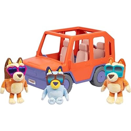 Bluey Big Heeler 4WD and Family Toddler Toy Car, Bingo and Chilli Plush Buddies, Opening Hood Storage, Car Toys for Kids 3+, Amazon Exclusive