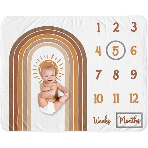 Sweet Jojo Designs Rainbow Vintage Boho Sun Boy Girl Milestone Blanket Monthly Newborn Baby Shower Memory Gift Pumpkin Orange Brown and White Bohemian Sunshine Minimalist Gender Neutral Retro Arches