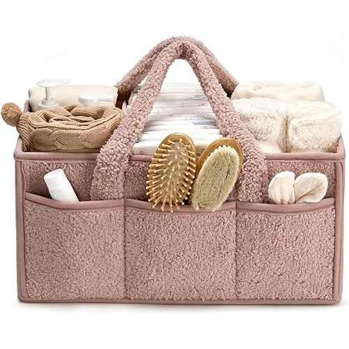 Baby Diaper Caddy Organizer with Handle, Large Nursery Storage Basket for Newborn Essentials, Wipes, Diapers, Lotions and Baby Items, Portable Diaper Storage Basket with Removable Dividers
