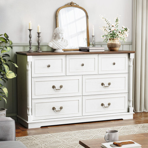 Latitude Run® Stylish 7-Drawer White Dresser, 52 Inch White Wooden Bedroom Dresser, Storage Cabinet with Deep Drawers and Retro Bronze Handles Suitable for Bedroom, Entryway, Hallway | Wayfair