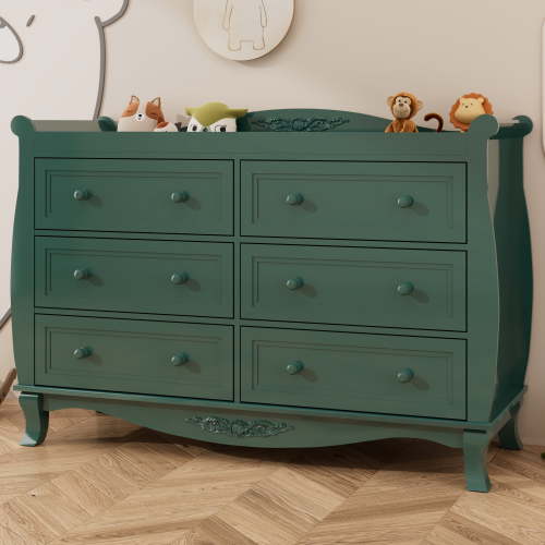 ANPOO Sleigh Style Baby Diaper Changing Table, 6 Drawer Storage Organizer, Baby Dresser with Changing Table Top, Convertible Nursery Dresser Chest of Drawers, Wood Dresser for Kids Bedroom, Green