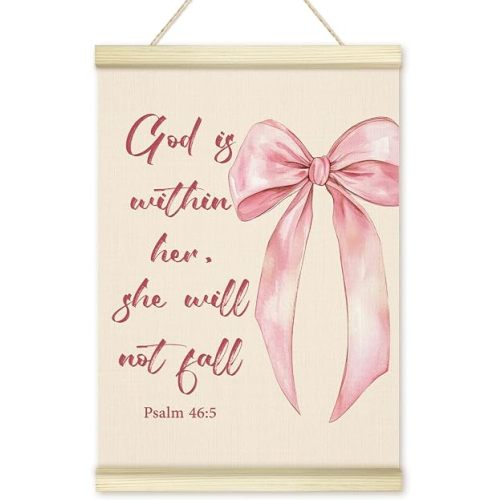 LWBEO Christian Poster Hanger Frame, Motivational Bible Verses Wooden Canvas Art Print, Preppy Pink Bow Positive Wall Art for Home Bathroom Office Decor 12x16in -07