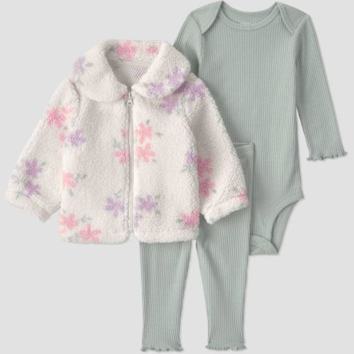 Carter's Just One You® Baby Girls' Cozy 3pc Long Sleeve Bodysuit, Pants and Floral Cozy Jacket Set - Ivory/Sage Green 3M