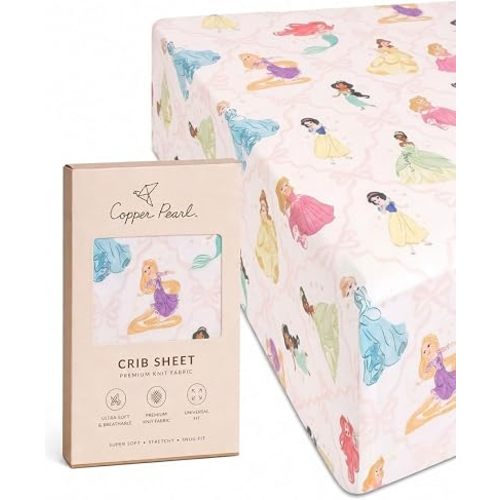 Premium Knit Baby Crib Sheets for Boys and Girls by Copper Pearl: Breathable and Soft, Fitted Crib Sheets for Standard Baby Mattresses, Crib Sheet for Registry or Shower Gift, Disney Princess