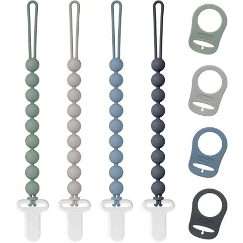 Pacifier Clips Silicone, 4-Pack Pacifier Holder Clip with Stylish Round Design and Adapter Ring for MAM Dummy, 100% Food Grade Silicone, Safe Essentials for Newborns Baby Boys and Girls