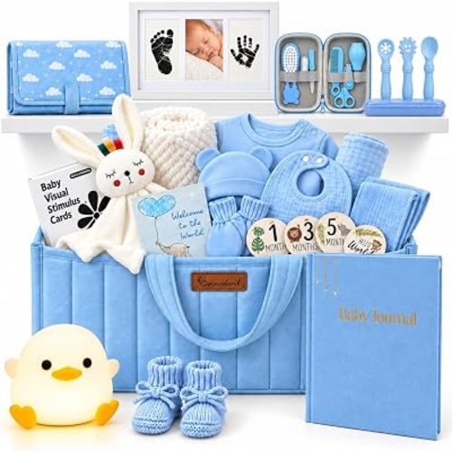 35-Piece New Baby Gift Basket with Unique Baby Shower Gifts (Blue, 35 pcs)