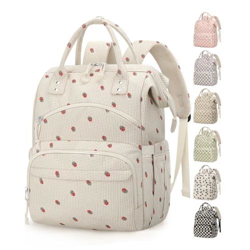 Corduroy Diaper Backpack for Mom,Travel Baby Diaper Bag for Grirls&Boys | Mommy Bag with Insulated Pockets,Stroller Straps,Water Resistant Travel Essentials Baby Bag for Hospital Daycare,Strawberry