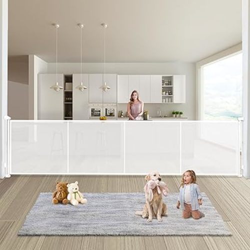 Retractable Baby Gates Dog Gate - 200" Extra Wide Expandable Child Safety Gate, 37" Tall Toddler Pet Mesh Gate with Reinforced Strips for Doorways, Stairs, Hallways, Outdoor & Indoor Large Openings
