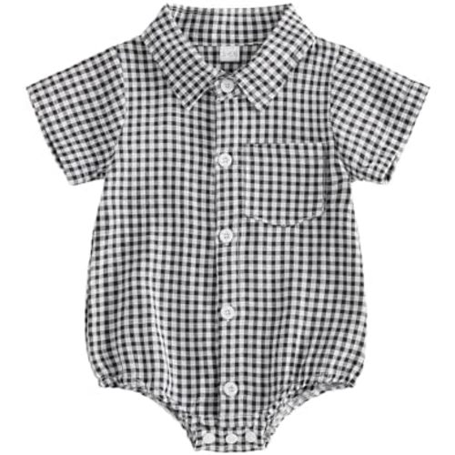 Newborn Baby Boy Clothes Gingham Short Sleeve Button Down Shirt Bubble Romper Plaid Collared Bodysuit Summer Outfit