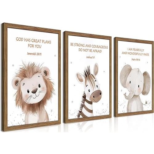 Dytila Framed 3 Piece Christian Nursery Wall Decor, Jungle Themed Nursery Decor, Safari Baby Boy Room Wall Art, Animal Pictures Canvas Prints, Elephant Lions Zebra Paintings Kids Artwork 12x16 inch
