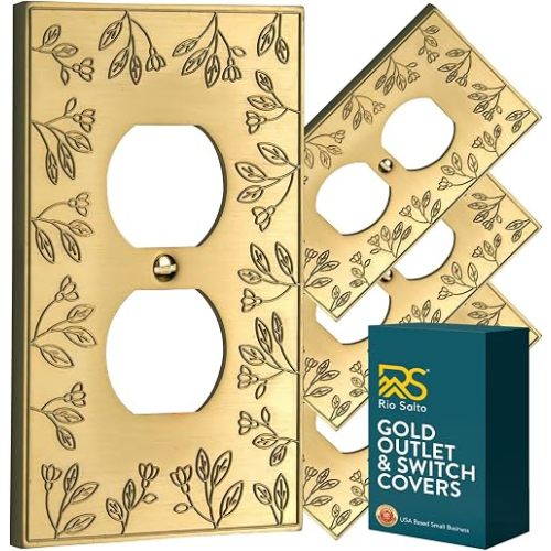 Rio Salto Decorative Gold Outlet Covers Light Switch Cover Plate Premium Metal Flower Wall Plate Duplex Outlet Cover — Floral Collection, 4-Pack, Midsize 5.00" × 3.13"