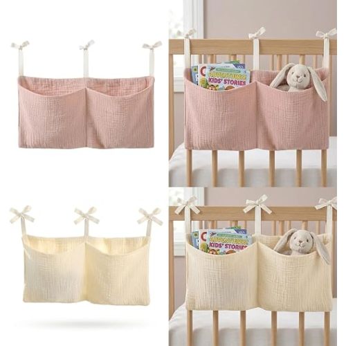 2pc Crib Organizer Hanging Storage Bag, Soft Muslin Bedside Nursery Caddy with 2 Pockets Boho Toy Book & Diaper Pouch for Newborn Essentials