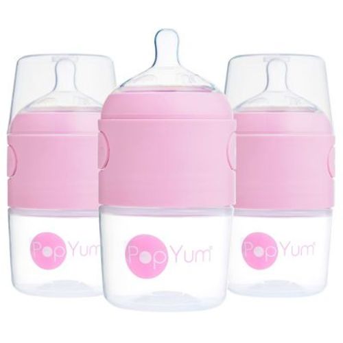 PopYum 5oz Anti-Colic Baby Bottle for Breast and Formula Feeding, 3-Pack, Pink, #1 Slow Flow Nipples