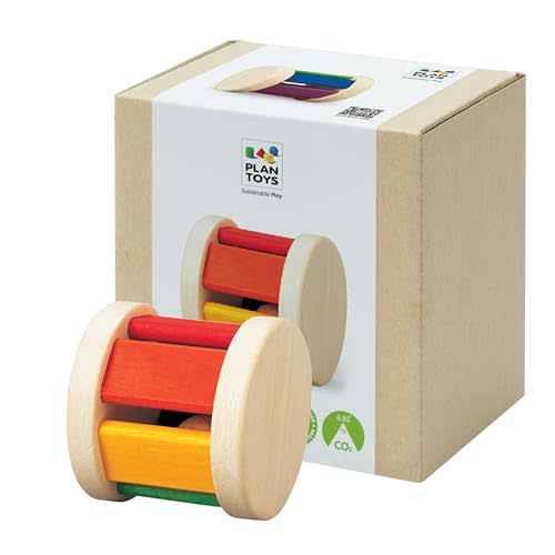 PlanToys® Wooden Roller Rattle Toy for Babies, Montessori Sensory Sound Toy | wooden roller rattle, gentle sound, montessori sensory play, crawling motor skill, fine motor development, infant baby toy gi