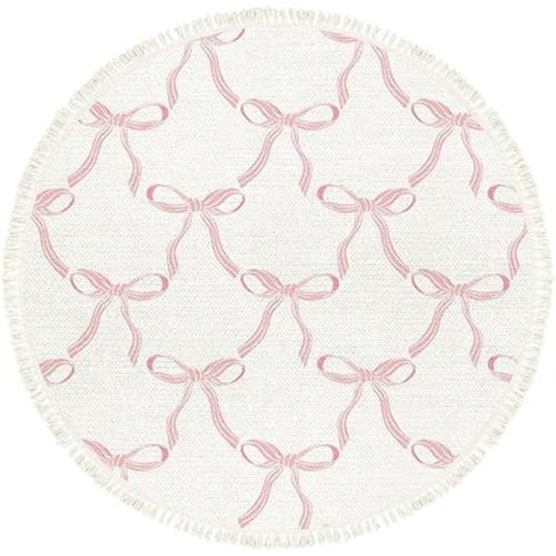 Pink Bow Rug Round Rugs Cute Coquette Pattern Seamless Pink Ribbon Bow White Boho Area Rugs Linen and Cotton Carpet Meditation Rug Washable Hallway Runner Mat for Bedroom Nursery 6ft