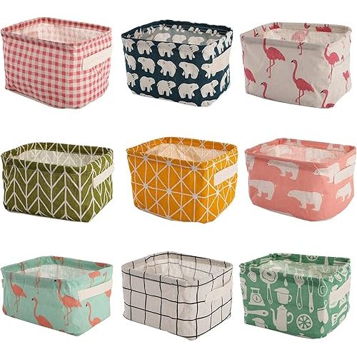 Lawei 9 Pack Mini Canvas Storage Bins - Collapsible Canvas Shelf Basket Nursery Organizer Box with Handles for Nursery Kids Bathroom Home Office