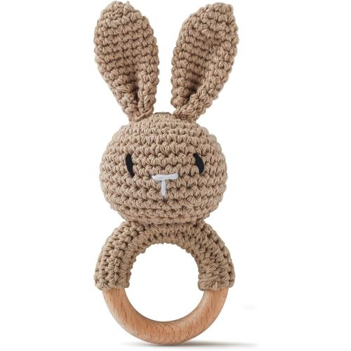 Moyii Natural Wooden Baby Rattle - Organic Crochet Bunny Teether Ring - Montessori Sensory Grasping Toy for Infants 0-12 Months, BPA-Free Handmade Newborn Shower Gift