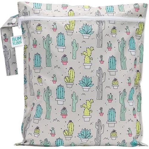 Bumkins Waterproof Wet Bag for Baby, Travel, Swim Suit, Cloth Diapers, Pump Parts, Pool, Beach, Gym Clothes, Toiletry, Hook to Stroller, Daycare, Zipper Reusable Wetdry Packing Pouch, Cactus Green