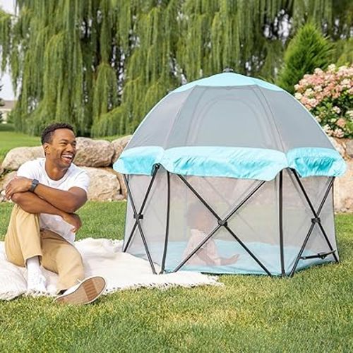 Regalo Safety My Play Deluxe Baby Playpen & Portable Play Yard with Canopy, Foldable 6-Panel Indoor Outdoor Playpen for Babies & Toddlers, Mesh Sides, Washable Nylon Bottom, 48", Aqua/Black