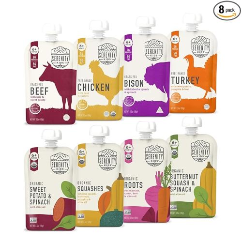 Serenity Kids 6+ Months Organic Baby Food Pouches - 5g Protein Nutrient-Packed Baby Puree Pouches - Organic Veggie-Rich Toddler Snack - On-the-Go Toddler Meals & Snack Pack - 8 Count, 3.5 Oz
