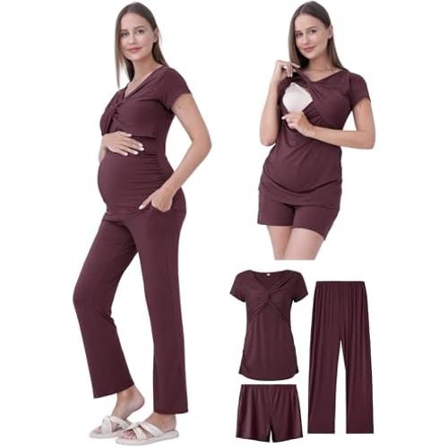 Maternity Nursing Pajamas Set 3PCS, Breastfeeding Tops, Adjustable Shorts & Pants, Postpartum Hospital Bag Essentials