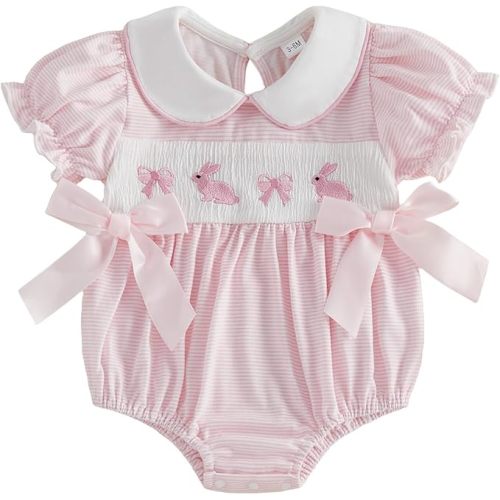 Baby Girl Easter Outfit Bunny Embroidery Onesie Infant Short Sleeve Bubble Romper Cute Easter Clothes