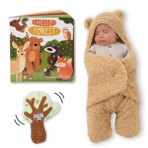 Tickle & Main 3 Pieces Forest Animal Registry Gift Sets for 0-12 Months Baby, Newborn Bear Swaddle Blanket Set, 16-Page Storybook with Cute Plush Cotton Tree Rattle Toy