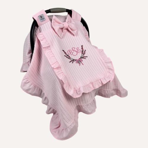 Personalized Baby Girl Car Seat Cover Pink, Handmade Carseat Canopy, Peekaboo Mesh Window with Ruffle