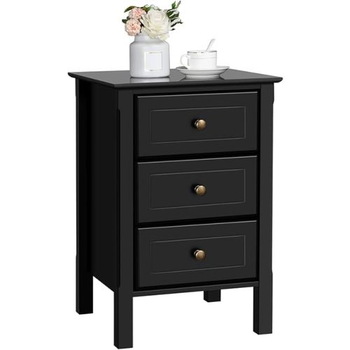 Yaheetech Nightstand with 3 Drawers, Wooden 3-Drawer Bedside Table with Solid Wood Legs, Bedside Cupboard Storage Organizer for Bedroom Home Office Small Space, Easy Assembly, Black