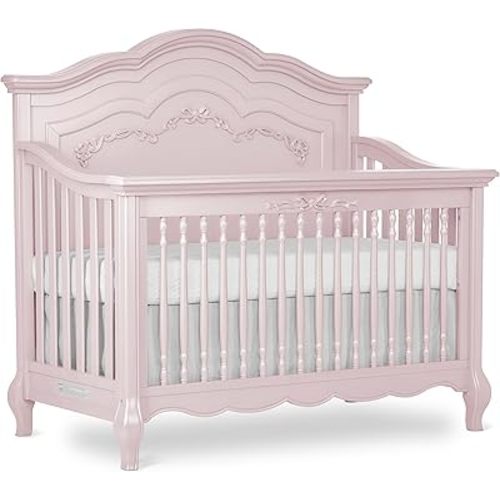 Evolur Aurora 5-in-1 Convertible Full-Size Baby Crib in Dusty Rose, 3 Mattress Heights, Ribbon Bow Scrollwork & Queen Anne Feet, Converts to Toddler, Day & Full-Size Bed