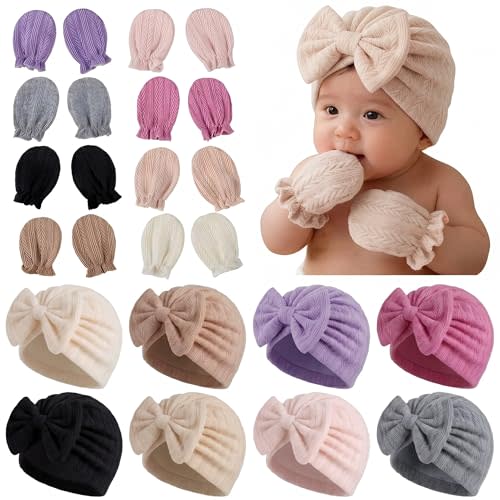 8 Sets Newborn Baby Girl Bow Hats and Mittens Turban Beanies 0-3M | Cotton preemie infant hospital cap. No-scratch gloves. Gorritos para recien nacidos niñas. Essential nursery shower gifts.
