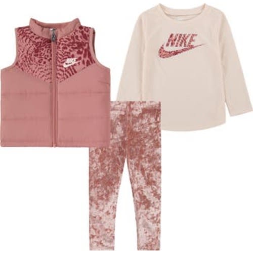 Puffer Vest, Long Sleeve Tee & Velvet Leggings Set