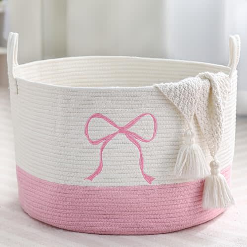 Honeydak Pink Laundry Basket Bow Hamper Cotton Rope Pink Laundry Hamper 13 x 20 Inch Toy Box Large Coquette Bow Girly Nursery Basket Storage for Bedroom Bathroom Blanket Toys Clothes Organization