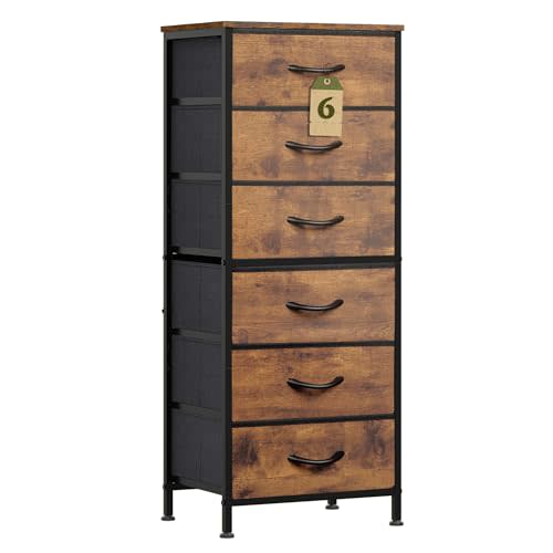 WLIVE Tall Dresser for Bedroom, 6 Drawer Dressers & Chests of Drawers, Fabric Dresser for Closet, Night Stand with Metal Frame, Storage Tower with Fabric Bins, Wood Top, Rustic Brown Wood Grain Print