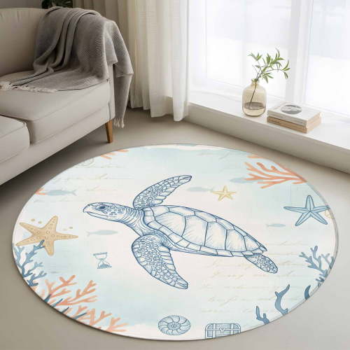 Summer Marine Life Washable Round Area Rug 4 ft, Watercolor Coral Sea Turtle Cute Starfish, Soft Non Slip Rugs Stain Repellent Indoor Felt Carpet for Living Dining Room Bedroom Home Office