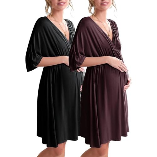Ekouaer 3 in 1 Labor/Delivery/Hospital Gown 2 Pack Maternity Dress Nursing Nightgown Sleepwear